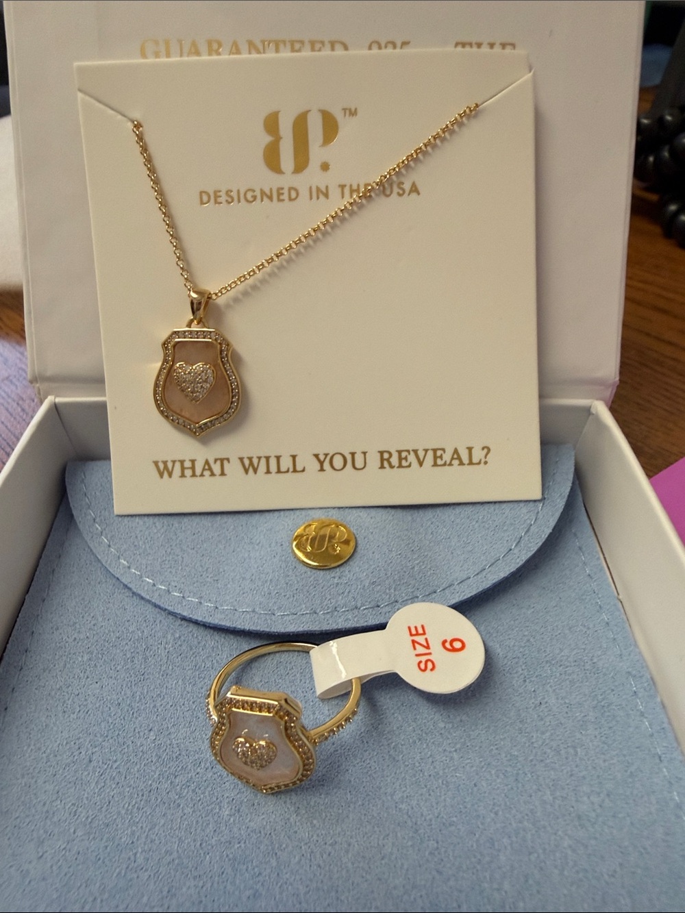 Bomb Party Gold Shield Heart Pendant Necklace and Ring Set - Gold